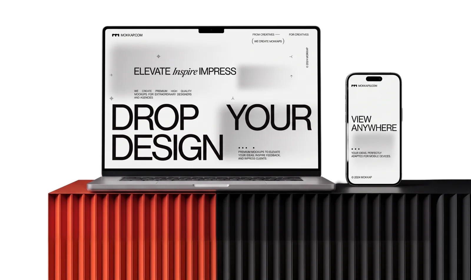 Laptop and phone mock-ups reading “Drop your design” on a ribbed red and black plinth