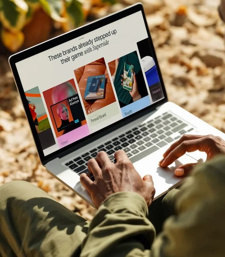 Hands typing on a laptop showing a grid of colourful brand campaigns