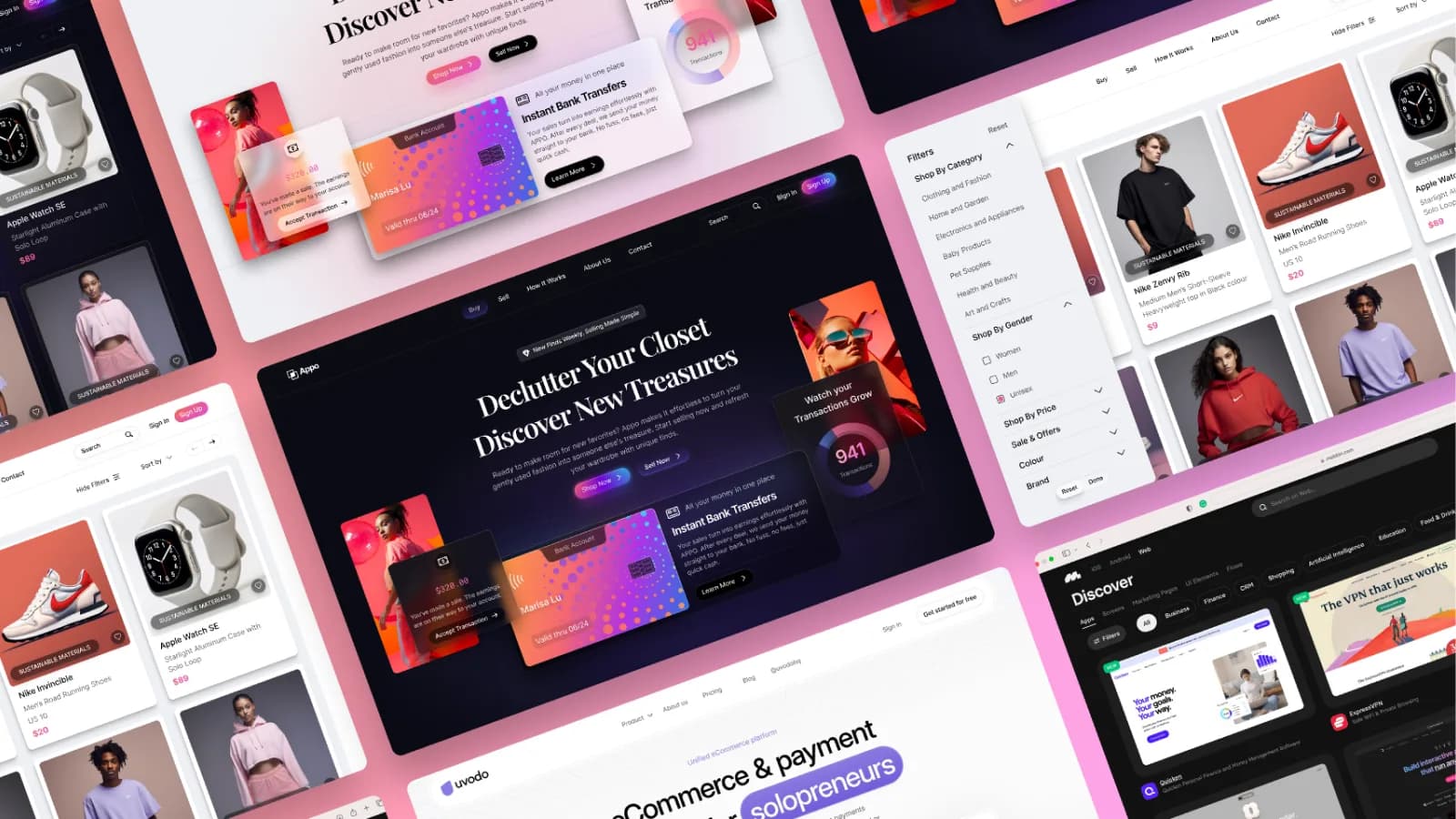 A collage of e-commerce interface screens designed by Pixel Popers